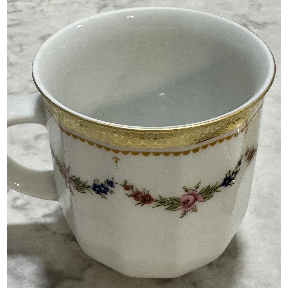 Tirschenreuth Bavaria Germany Porcelain Demitasse Cup Saucer Set 12 Sided Floral